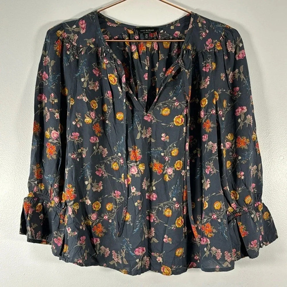 Lucky Brand Peasant Blouse Floral Navy V-Neck Modal Women’s Size XS - Picture 1 of 8